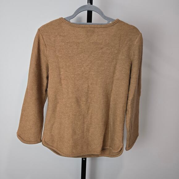 Tory Burch Wool Cashmere Tan Sweater Novelty 3-D Flowers Navy Art To Wear Medium - Picture 5 of 7